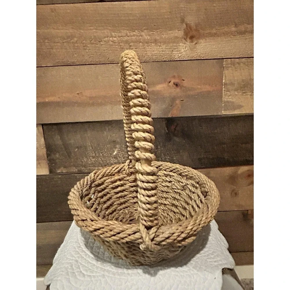 Vintage Woven Jute Rope Basket Round, Wicker And Jute Rope Weaving 12